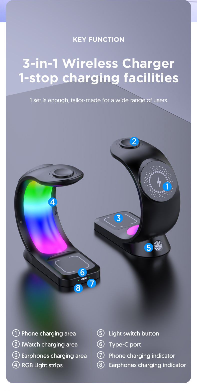 Cargador inalámbrico magnético 4 en 1, carga rápida para smartphones.