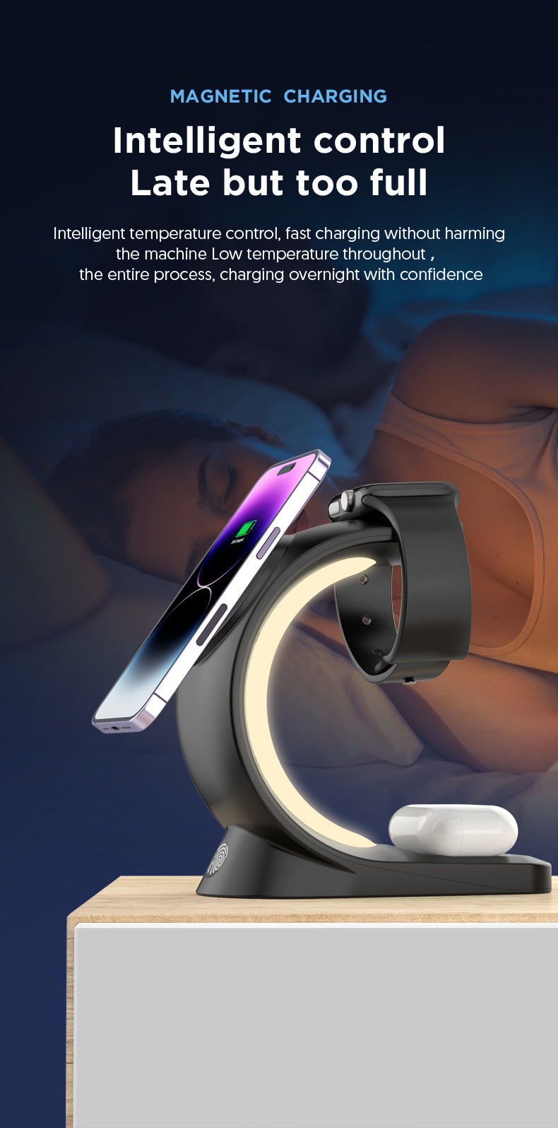 Cargador inalámbrico magnético 4 en 1, carga rápida para smartphones.