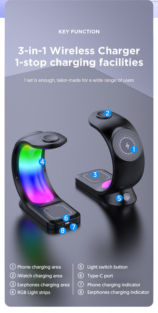 Cargador inalámbrico magnético 4 en 1, carga rápida para smartphones.